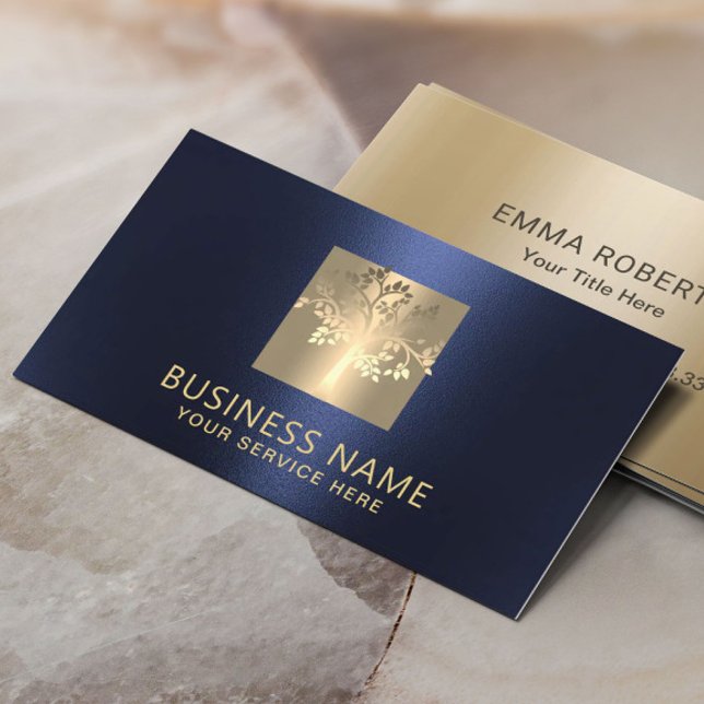 Professional Tree Logo Modern Navy Blue & Gold Business Card (Creator Uploaded)