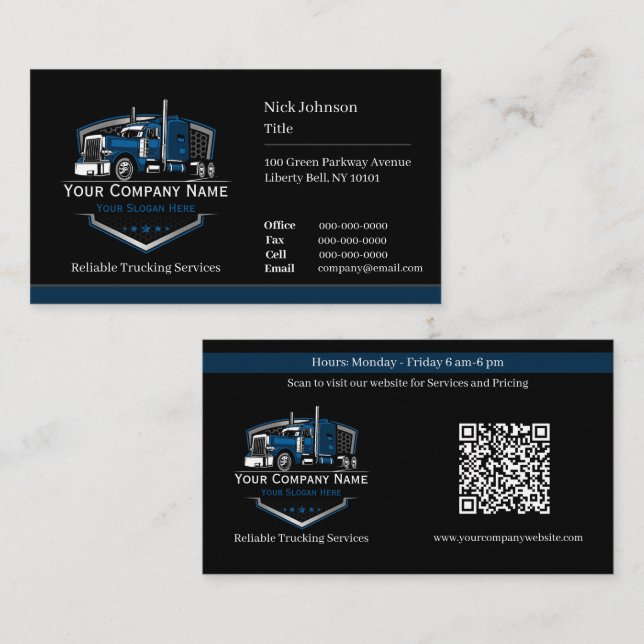 Professional Trucking Hauling Company QR Code Business Card (Front/Back)