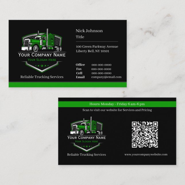 Professional Trucking Hauling Company QR Code Business Card (Front/Back)