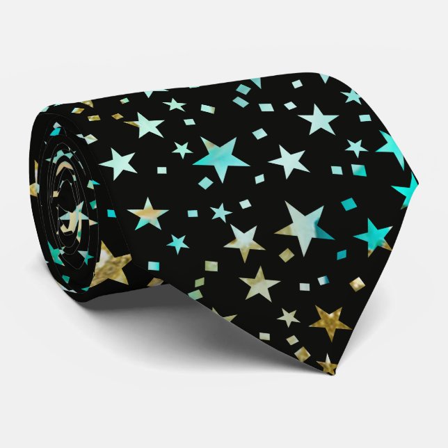 Professional Turquoise Blue Faux Gold Stars Black Tie (Rolled)