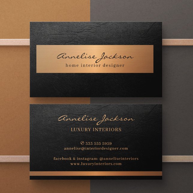 Professional unique black gold modern elegant business card (The leather and metallic look are PRINTED, NOT REAL LEATHER OR FOIL)