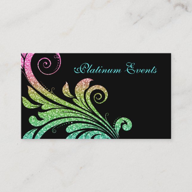 Professional Wedding Elegant Glitter Leaf Swirl Business Card (Front)