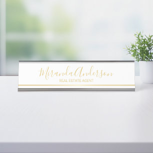 Professional White and Gold with Script Name Desk Name Plate