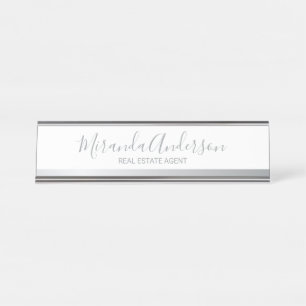 Professional White and Silver with Script Name Desk Name Plate