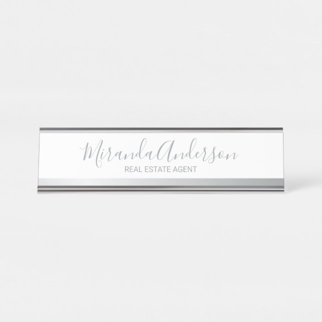 Professional White and Silver with Script Name Desk Name Plate (Front)
