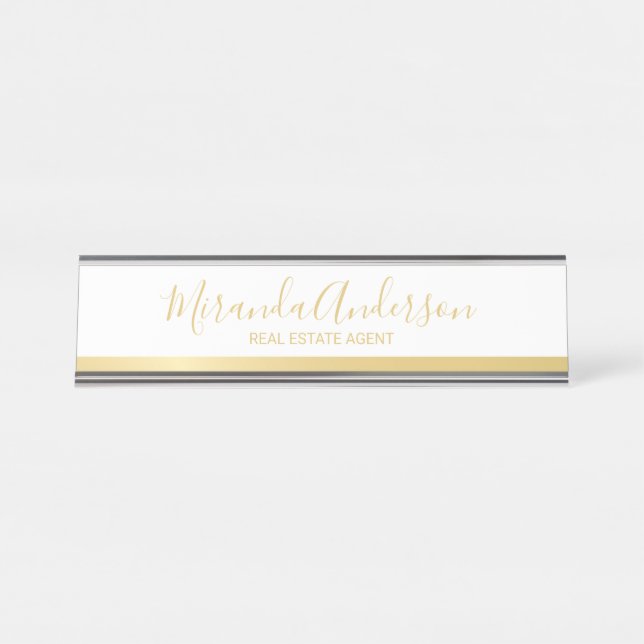 Professional White & Gold with Modern Script Name Desk Name Plate (Front)