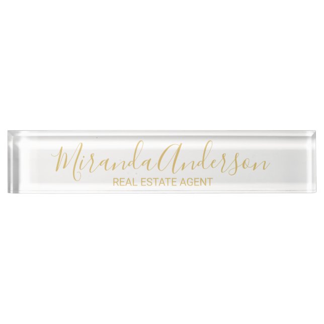 Professional White & Gold with Modern Script Name Nameplate (Front)