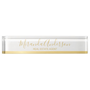 Professional White & Gold with Modern Script Name Nameplate