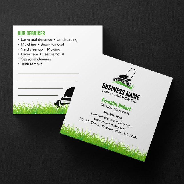 Professional White Green Lawn Care & Landscaping Square Business Card (Creator Uploaded)