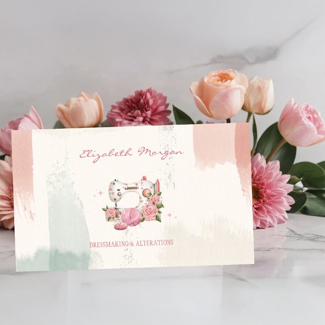 Professional White Sewing Machine Cat Brush Stroke Business Card (Creator Uploaded)