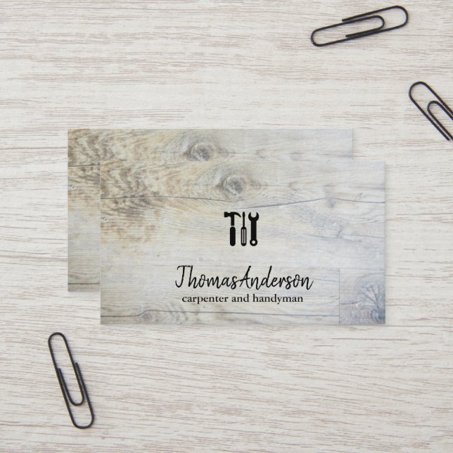 Professional Wood Grain Rustic Carpentry Business Card (Front/Back In Situ)