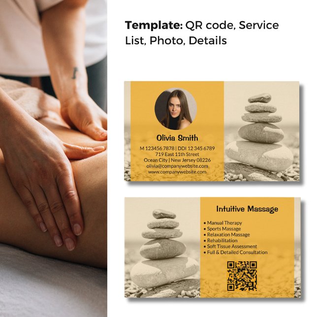 Professional Yellow Massage Photo Business Card (Professional Yellow Massage Photo Business Card with Peaceful Background Photo)