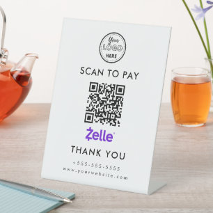 Professional Zelle QR Code Scan to Pay Logo White Pedestal Sign