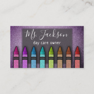 Professor Preschool Teacher Glitter Rainbow Crayon Business Card