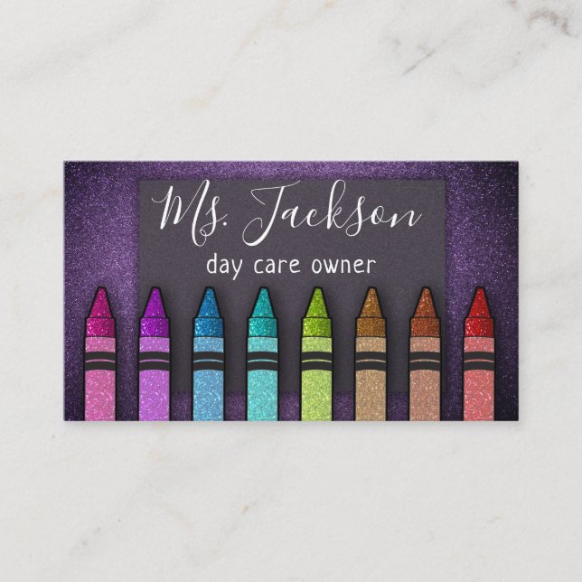 Professor Preschool Teacher Glitter Rainbow Crayon Business Card (Front)
