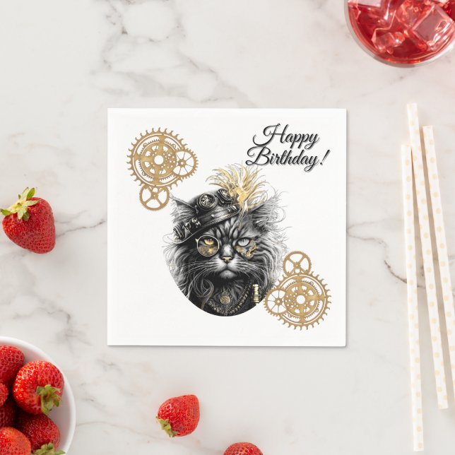 Professor Sprocket-Paws Steampunk Cat Happy B-Day Napkin (Insitu)