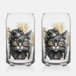 Professor Sprocket-Paws The Funky Steampunk Cat Can Glass