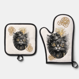 Professor Sprocket-Paws The Funky Steampunk Cat  Oven Mitt & Pot Holder Set