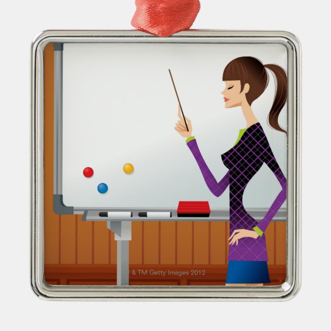 Profile of businesswoman pointing whiteboard metal tree decoration (Front)