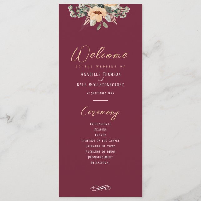 Program - Elegant burgundy, Wedding  (Front)