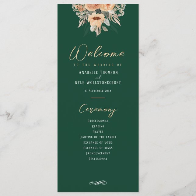 Program - Elegant floral dark green, Wedding  (Front)