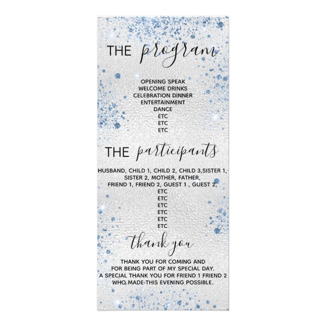 Program party silver blue glitter dust rack card (Front)