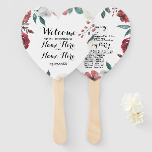 Programme Hand Fan Wedding Red Floral Foliage