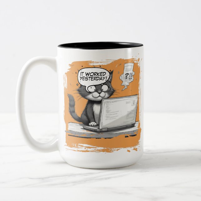 Programmer Cat Humour Debugging is Catastrophic Two-Tone Coffee Mug (Left)
