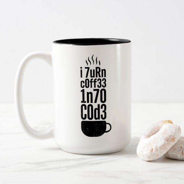 Programmer Humor – Coffee Into Code Two-Tone Coffee Mug (With Donut)