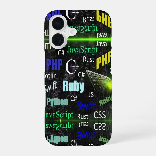 Programming languages blue and yellow iPhone 16 case (Back)