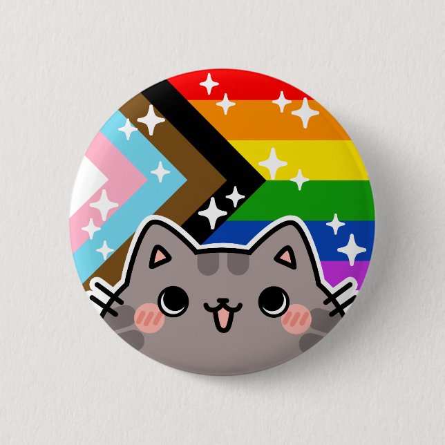 Progress LGBT Pride Flag Cat Button (Front)