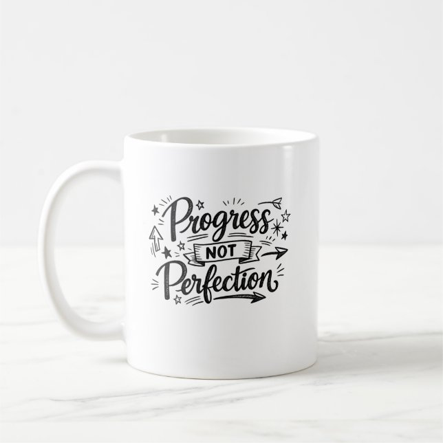 Progress Not Perfection Motivational Quote Design Coffee Mug (Left)