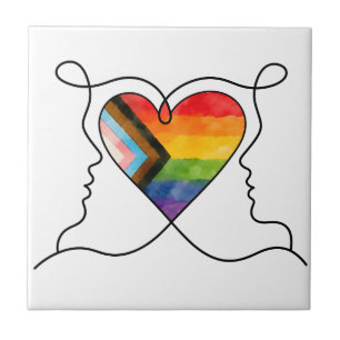 Progress Pride Heart Line Art Ceramic Tile