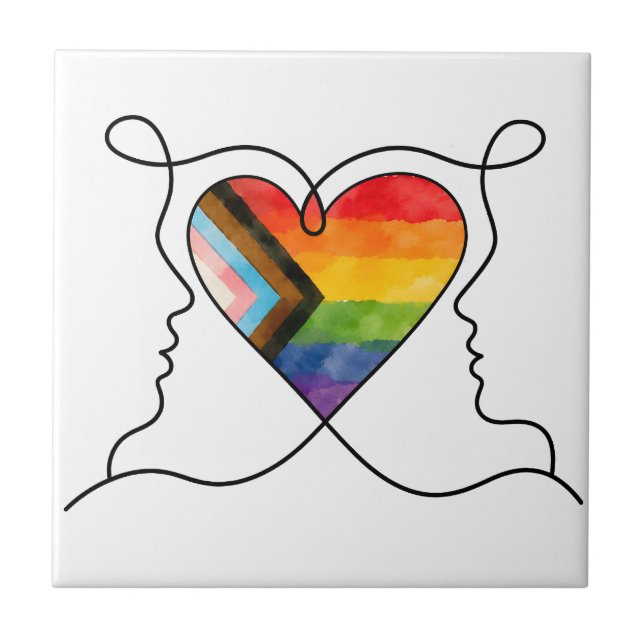 Progress Pride Heart Line Art Ceramic Tile (Front)