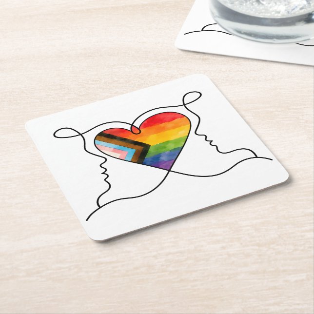 Progress Pride Heart Line Art Square Paper Coaster (Angled)