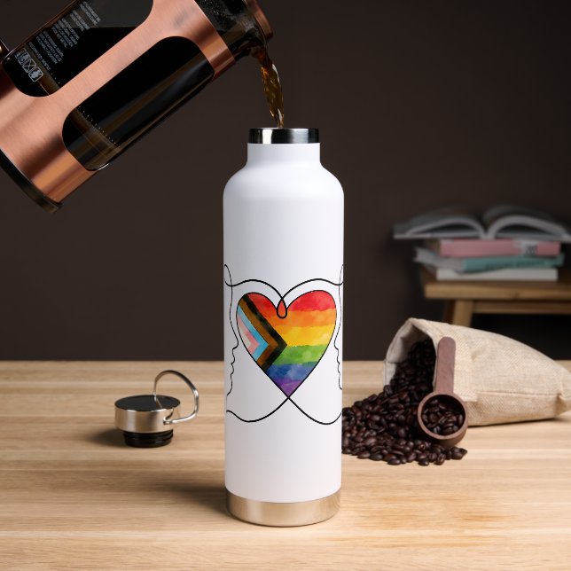 Progress Pride Heart Line Art Water Bottle (Coffee)