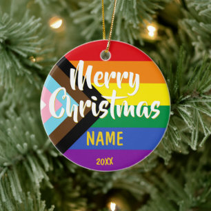 Progress Pride LGBT Rainbow Personalised Christmas Ceramic Ornament