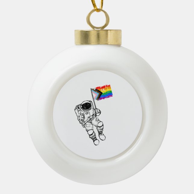 Progress Pride Moonman Distressed Ceramic Ball Christmas Ornament (Front)