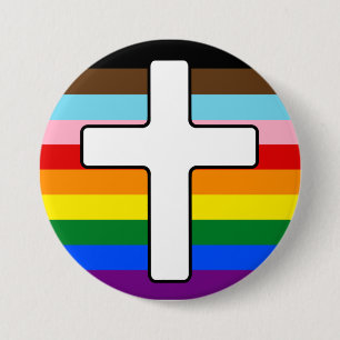 Progress Pride Rainbow Flag with White Cross 7.5 Cm Round Badge