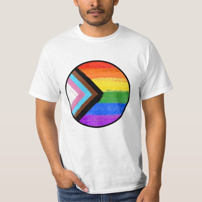 Progress Pride Stripes Painted Button T-Shirt (Front)