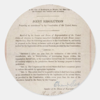 Prohibition 18th Amendment Classic Round Sticker