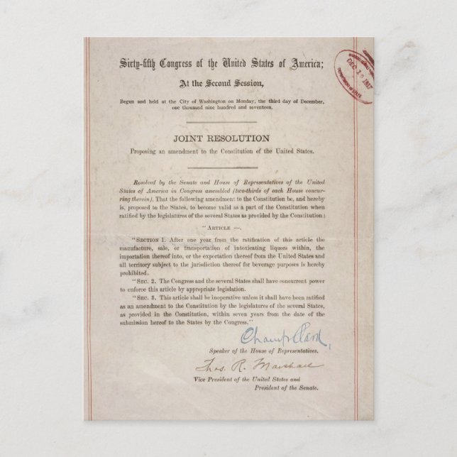 Prohibition 18th Amendment Postcard (Front)