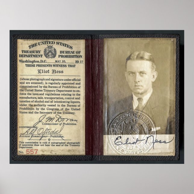 PROHIBITION AGENT ELIOT NESS CREDENTIALS 1927 POSTER (Front)