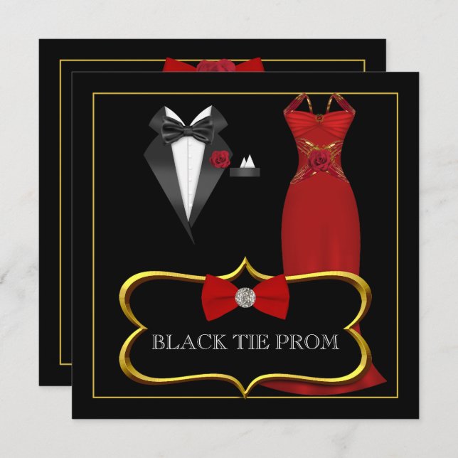 Prom High School Dance Formal Red Black Tie Invitation (Front/Back)