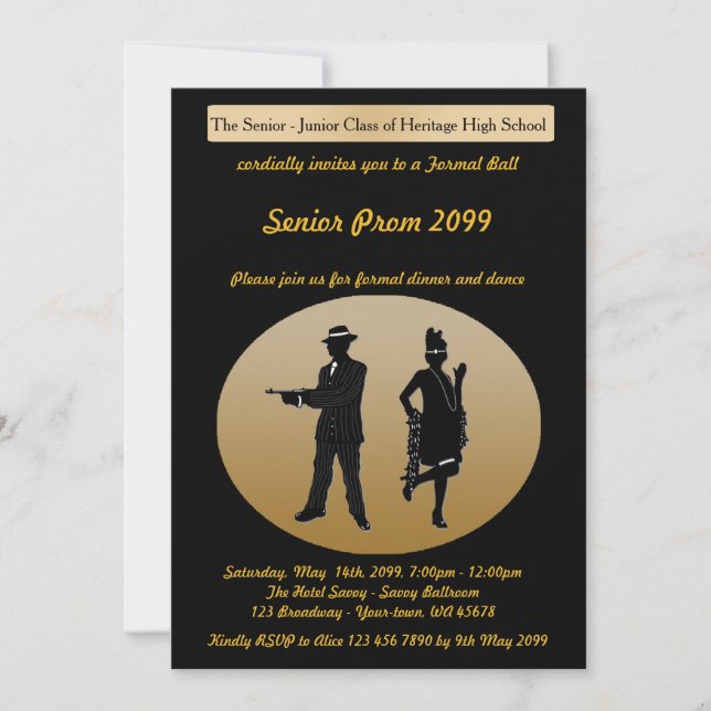 Prom senior, Gatsby style, black & gold, text back Invitation (Front)