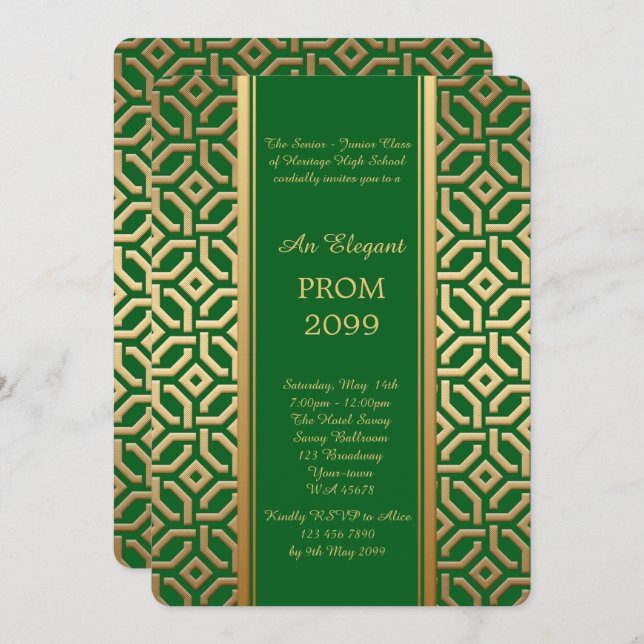 Prom Senior-Junior, Black Gold Geometric Emerald Invitation (Front/Back)