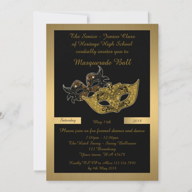 Prom Senior-Junior, black, masquerade mask peacock Invitation (Front)