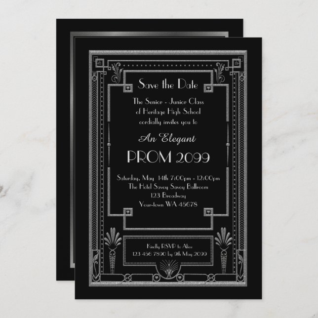 Prom Senior-Junior, Black, Silver, Geometric, Deco Invitation (Front/Back)