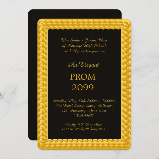 Prom Senior-Junior, Braided Gold, Black, Art deco Invitation (Front/Back)