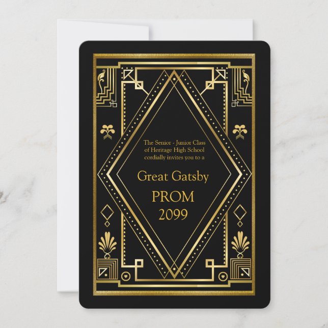 Prom Senior-Junior, Great Gatsby, Gold, black Invitation (Front)